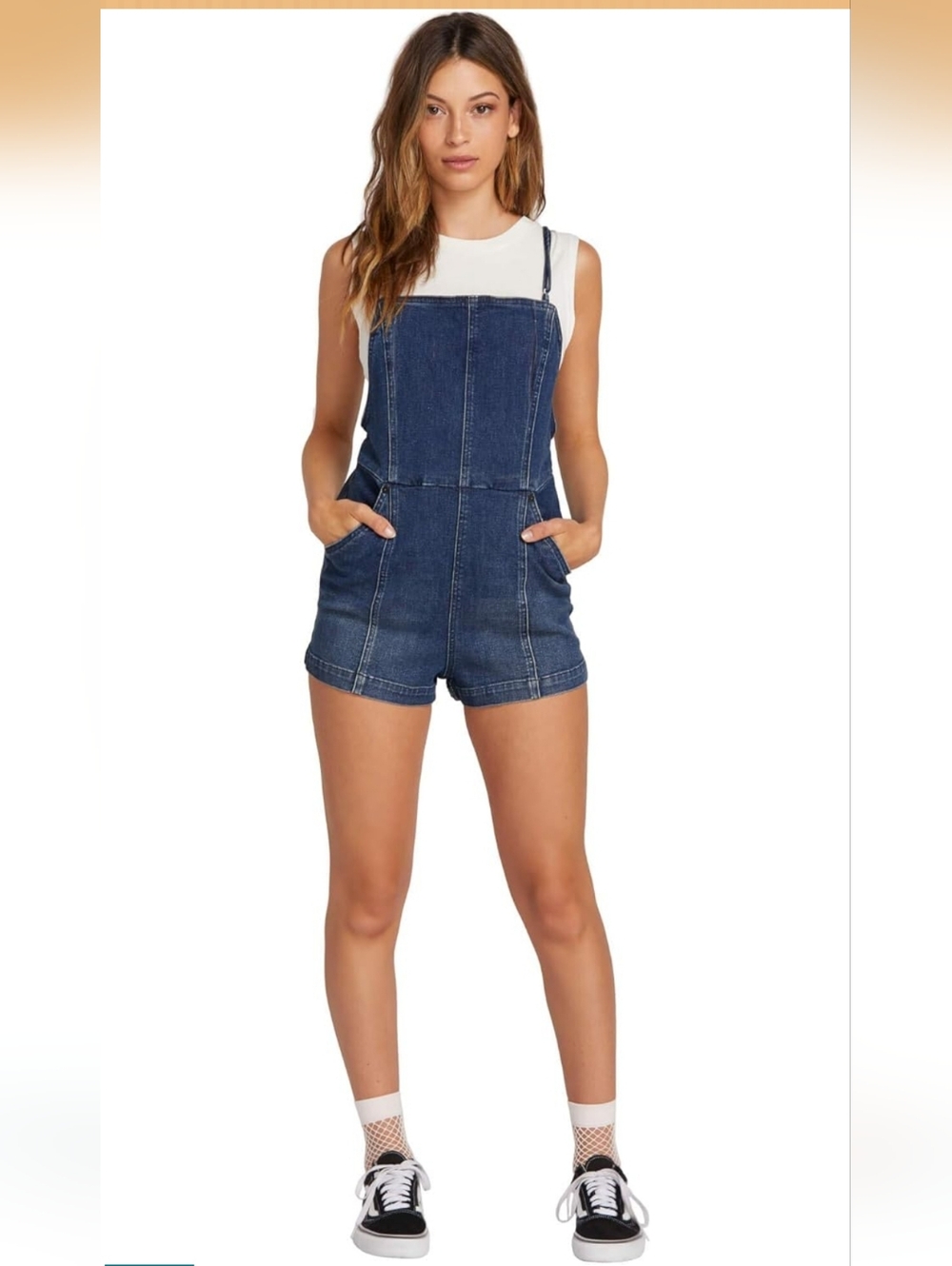 Volcom Dark Blue Denim Short Romper Spagetti Straps Overalls Small
